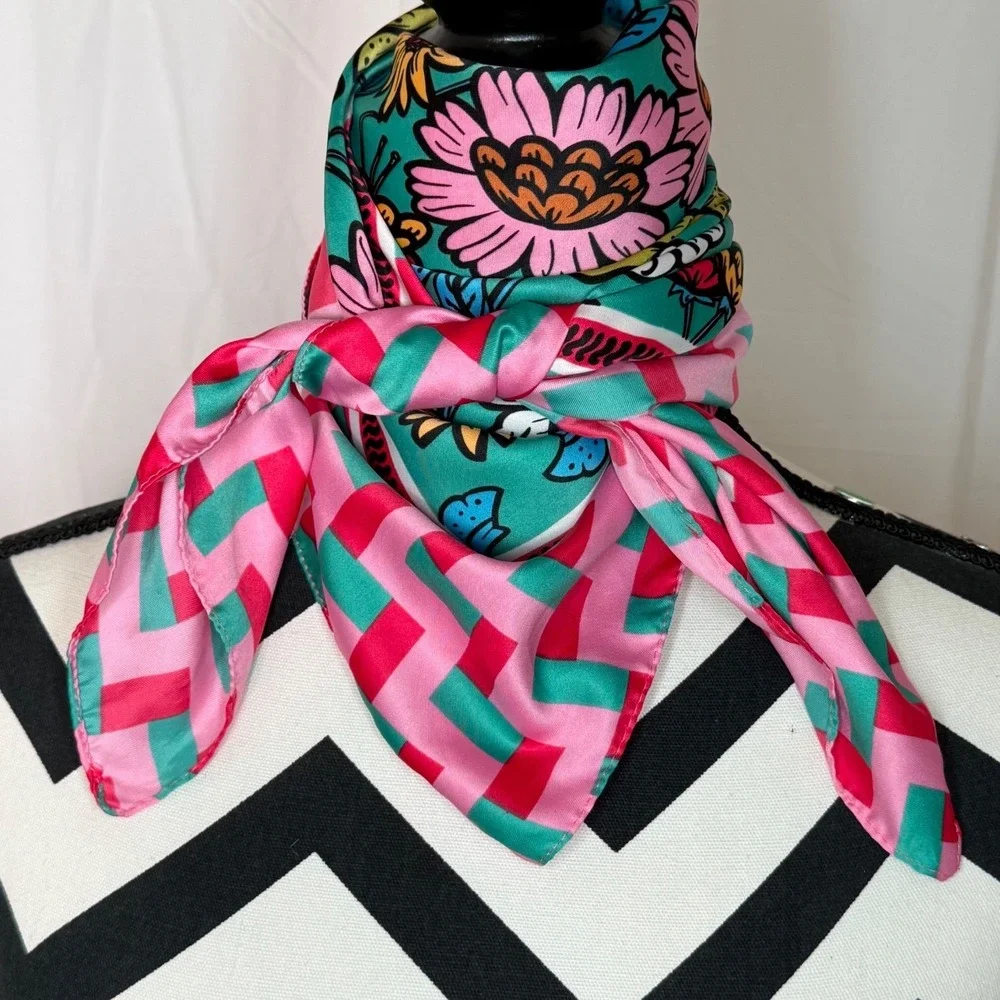 Zara Floral Geometric Square Scarf Pink Teal Green Silk Feel Neckerchief 26x28.5